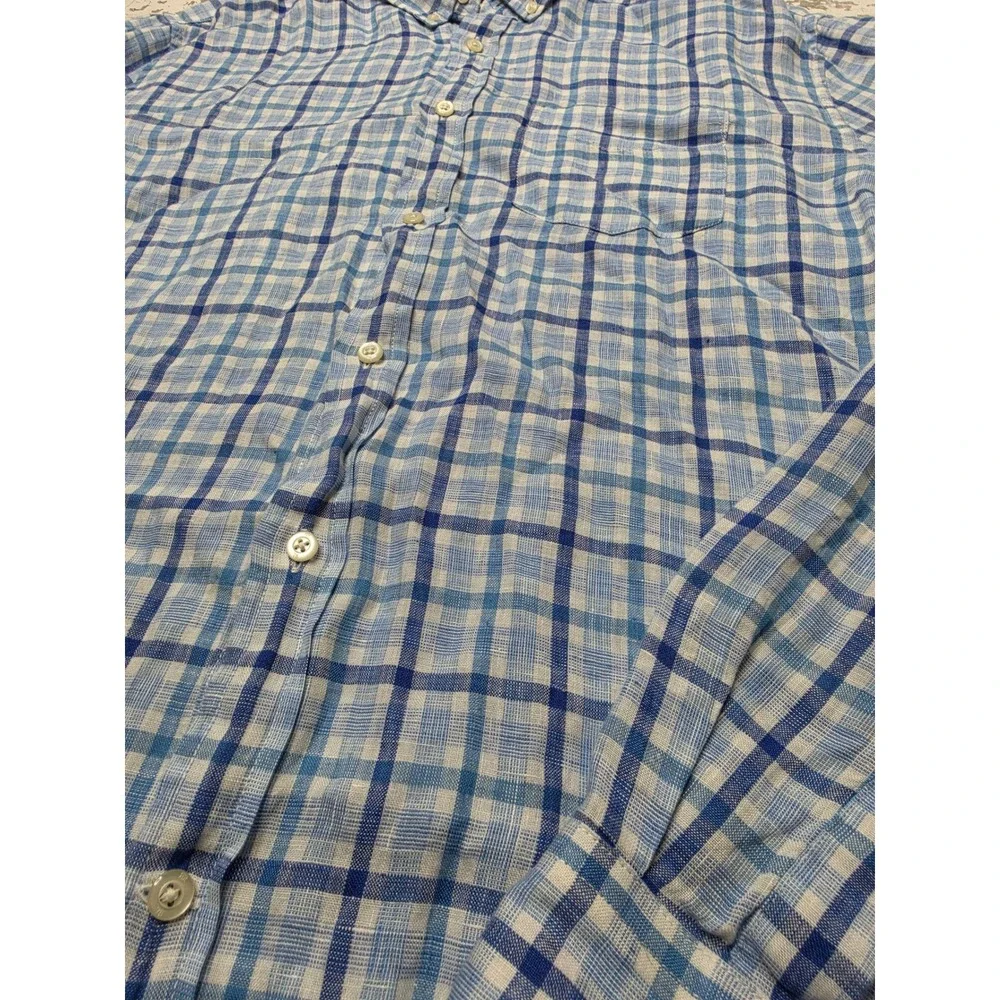 Banana Republic Linen Shirt Mens XL Blue White Plaid Camden Standard Fit LS